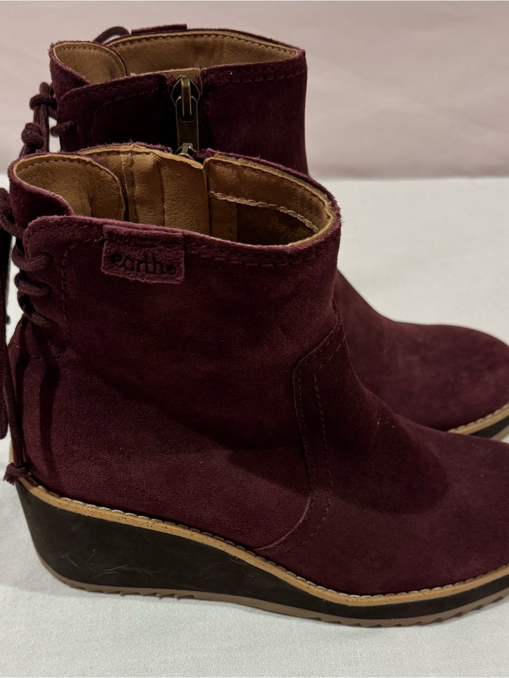 Earth Suede Wedge Ankle Boots - Wine